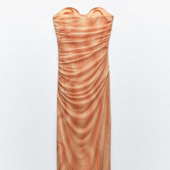Zara Strapless Printed Tulle Orange Dress - Picture 2 of 5